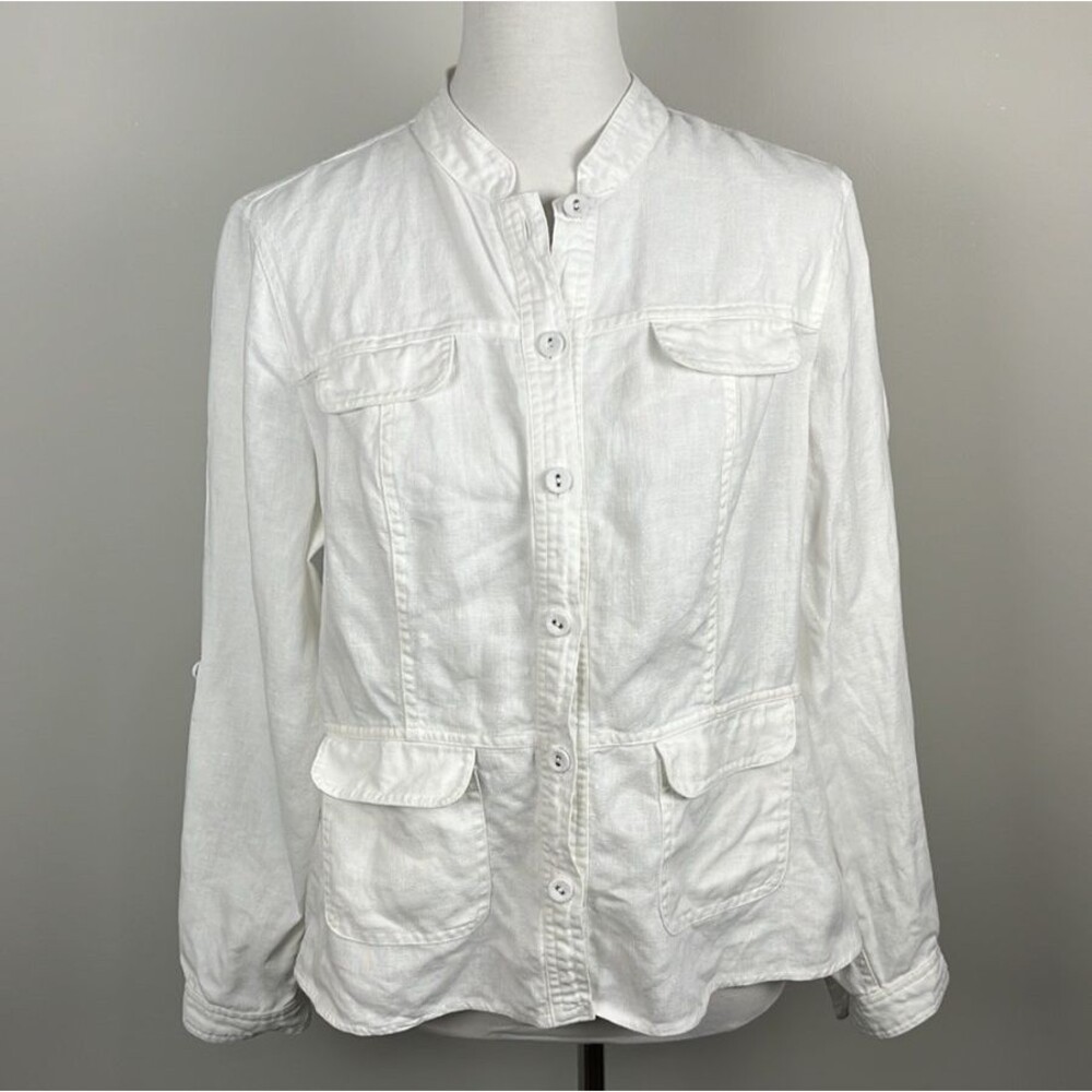 Linen Charter Club Petite White Utility Safari Jacket Size PL Roll Tab Coastal